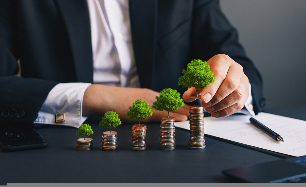 Green business growth. Businessman holding coin with tree growing on money coin stack. Finance sustainable development. - Banks including Barclays, Lloyds and Natwest have joined a Nature Group created by Green Finance Institute (GFI) to invest into nature recovery.