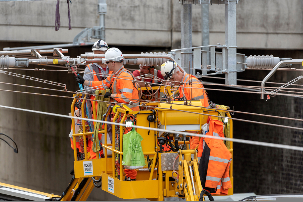 Engineers working on the electrification of the railway line at Newbury