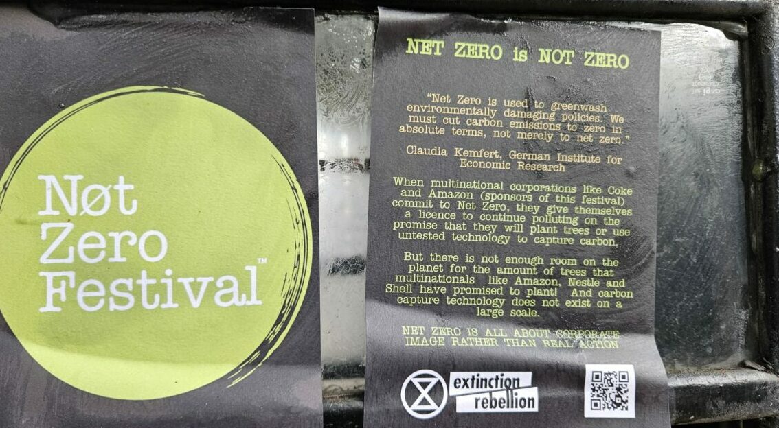Extinction Rebellion flyers outside Net Zero Festival
