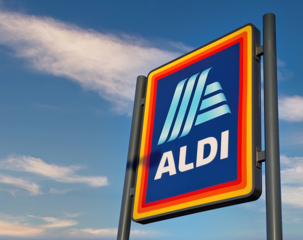 Aldi grocery store sign. Aldi is is a global discount supermarket chain