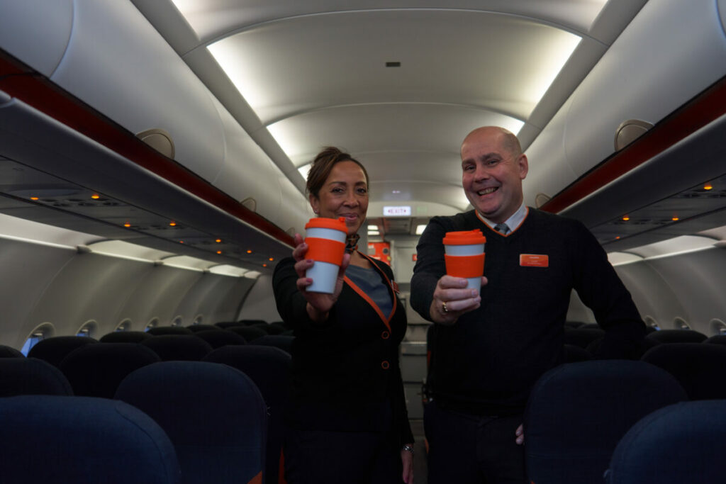 easyJet cabin crew with new reusable cups
