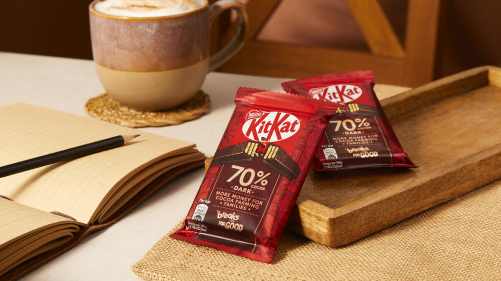 KitKat 70% Dark is made with cocoa mass sourced from families enrolled in Nestlé’s cocoa income accelerator programme.