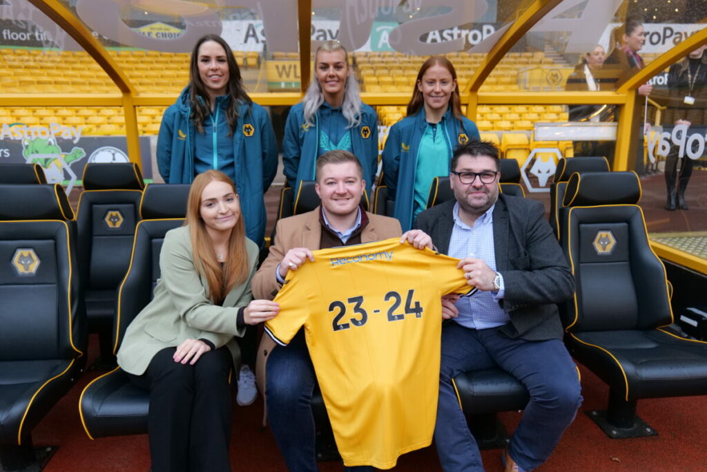 : Ellie Wilson, Wolves Women, Tammi George, Wolves Women, Merrick Will, Wolves Women. SEATED, LEFT TO RIGHT: Olivia Allen, Group Sustainability Coordinator, Reconomy, Jon Cox, Head of Customer Services (B&I), Reconomy, Darryl Daniels, Operations and Procurement Manager, Reconomy.