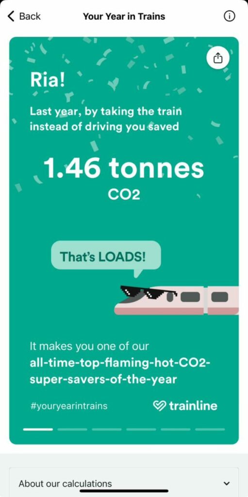 Trainline app revealing I saved 1.46 tonnes of CO2