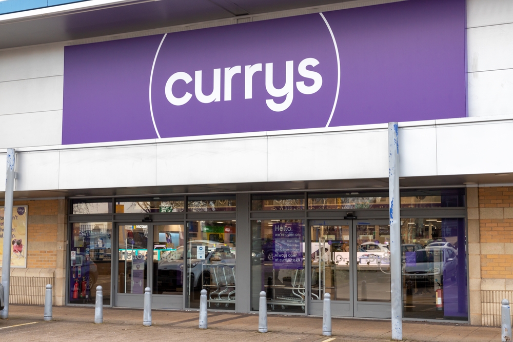 The frontage and logo of British electonics retailer, Currys at St Johns Retail Park in Wolverhampton, UK