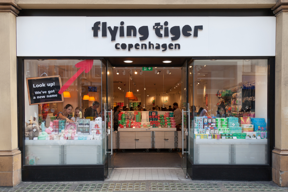 Facade of the Flying Tiger store in Oxford Street, London. Flying Tiger Copenhagen is a retail Danish privately held company.