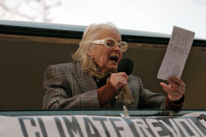 Fashion designer Vivienne Westwood addressed crowds at the protest to draw attention to climate change.