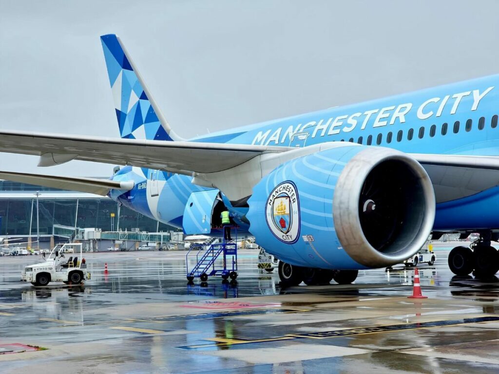 Manchester City plane. Top football clubs in England have been condemned for their lavish travel habits, specifically the use of private jets to get to domestic away matches.